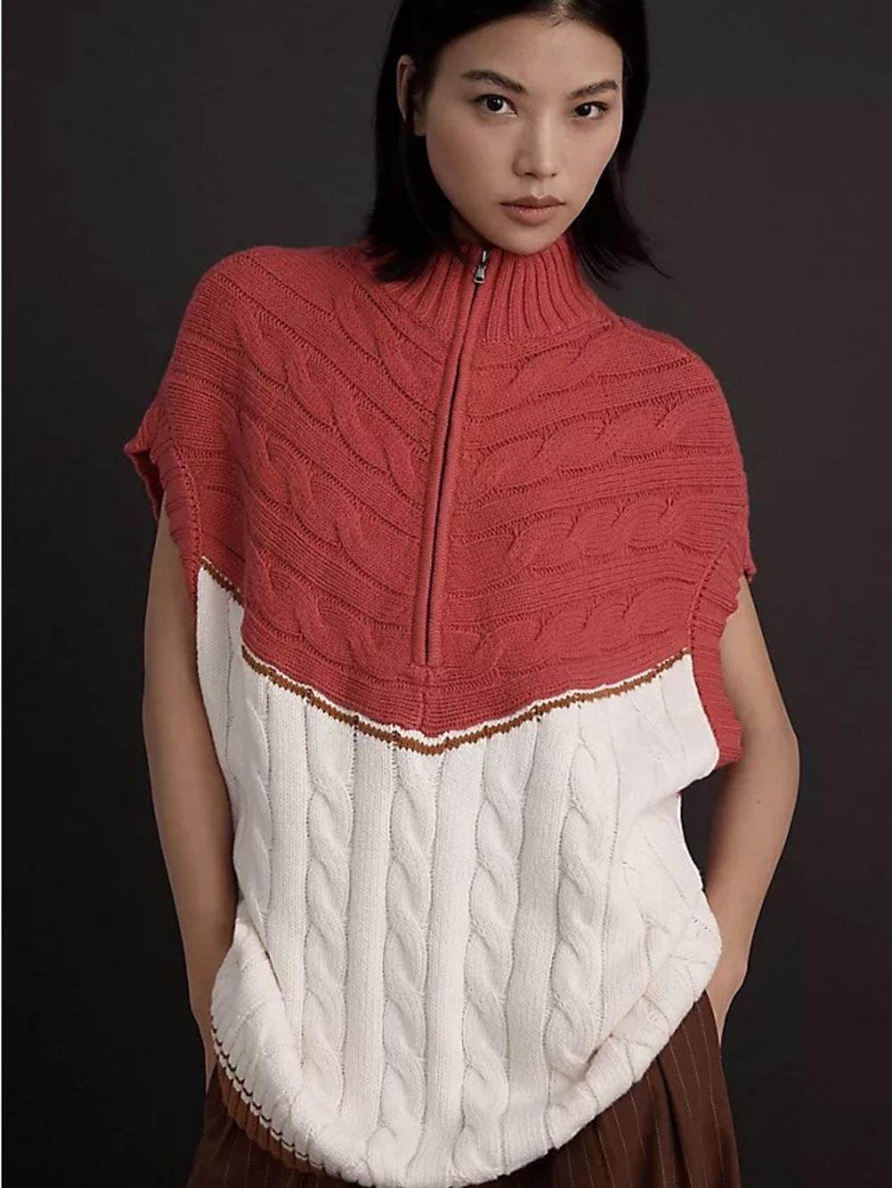 Maeve by Anthropologie Cable Knit Sweater Vest XS Pink Ivory Half Zip Oversized